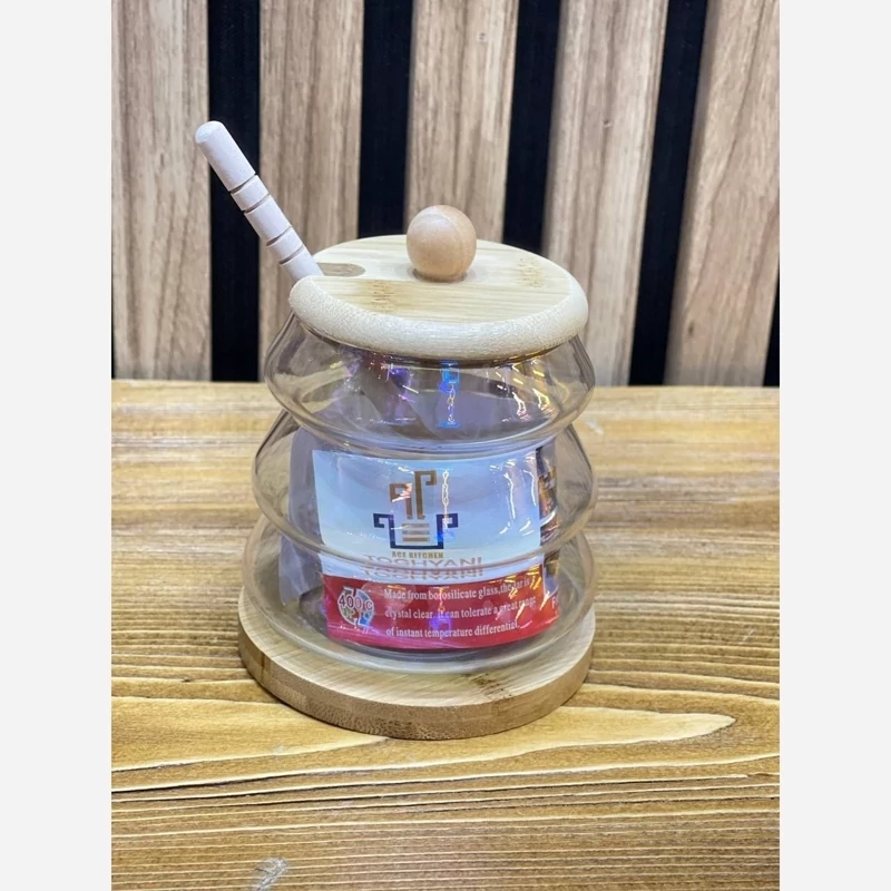 عسل خوری پیرکس هفت رنگ زیره دار درب و قاشق چوبی با کیفیت بسیار عالی