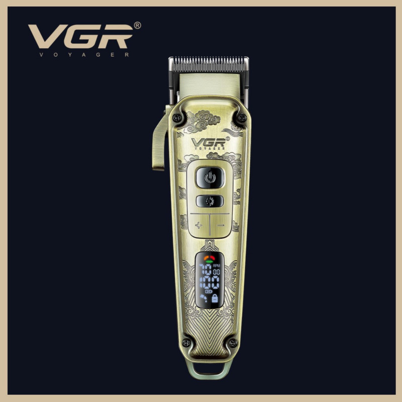 ماشین اصلاح موی سر و صورت وی جی آر مدل V-005 با تیغه کربن استیل و متالوژیک پودری، باتری لیتیومی 2600 میلیآمپر، نمایشگر LED، قابلیت تنظیم سرعت و 8 شانه اندازهگیری از 1.5 تا 19 میلیمتر، مدت استفاده 250 دقیقه پس از شارژ کامل