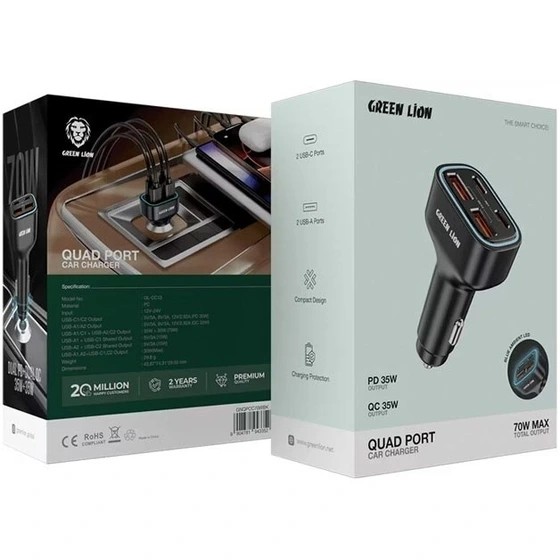 شارژر فندکی 4پورت 2پورت PD گرین لاین مدل Green Lion QUAD PORT car charger 70w