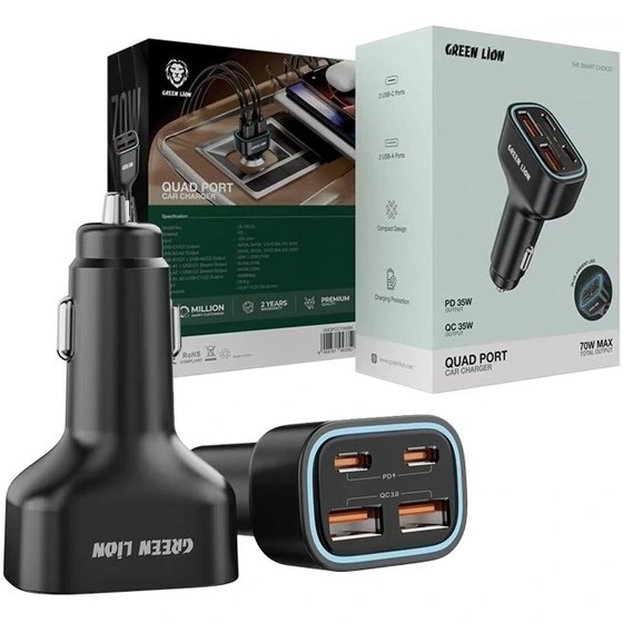 شارژر فندکی 4پورت 2پورت PD گرین لاین مدل Green Lion QUAD PORT car charger 70w