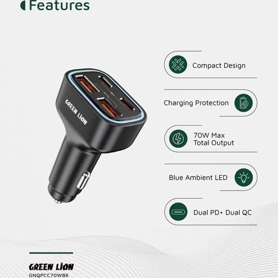 شارژر فندکی 4پورت 2پورت PD گرین لاین مدل Green Lion QUAD PORT car charger 70w