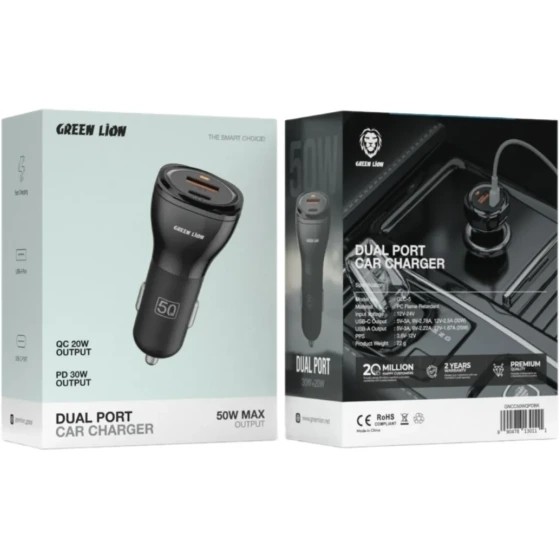 شارژر فندکی دو پورت Dual Port Car Charger 50W (PD 30W + QC 20W) گرین لاین