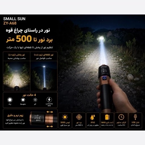 چراغ قوه زومدار اسمال سان A68 با 2 سال گارانتی و باتری اضافه