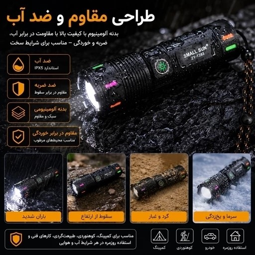 چراغ قوه حرفهای زومدار SMALL SUN ZY-T283 شارژی پاوربانک دار ضدآب