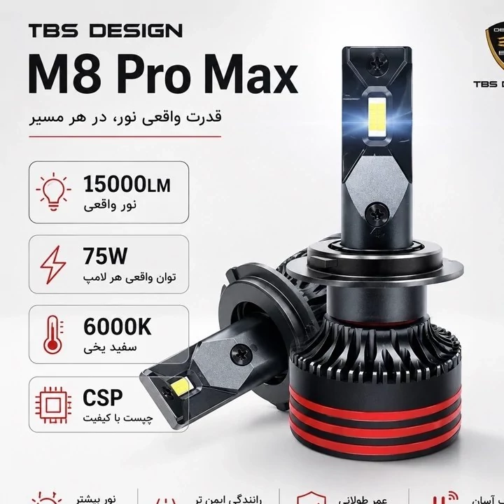 هدلایت خودرو Tobys M8 Pro Max پایه H7 سفید یخی 15000 لومن 150 وات جفت