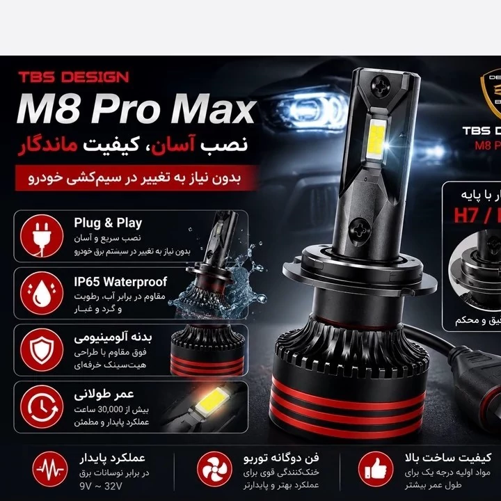 هدلایت خودرو Tobys M8 Pro Max پایه H7 سفید یخی 15000 لومن 150 وات جفت