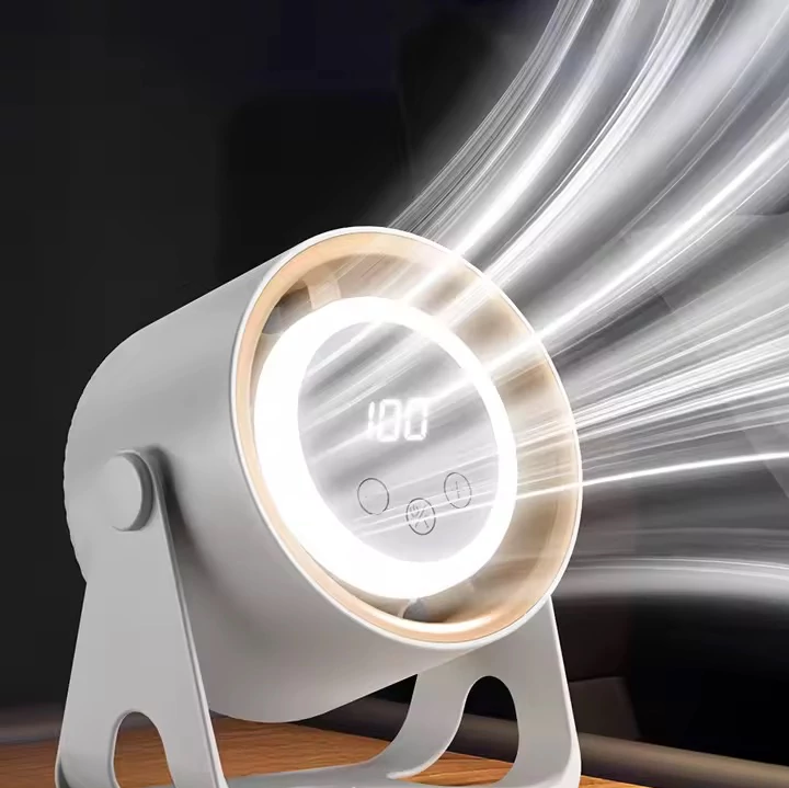 پنکه رومیزی شارژی با نمایشگر دیجیتال، چراغ خواب LED، تنظیم سرعت 100 مرحلهای و چرخش 360 درجه