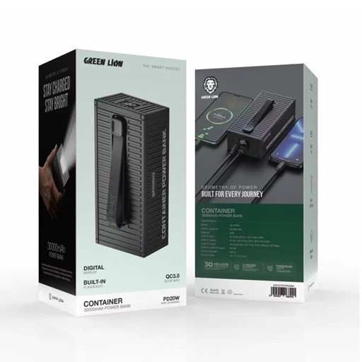 پاوربانک 30000 میلی آمپر سوپر فست و چراغ قوه گرین لاین مدل GREEN LION CONTAINER