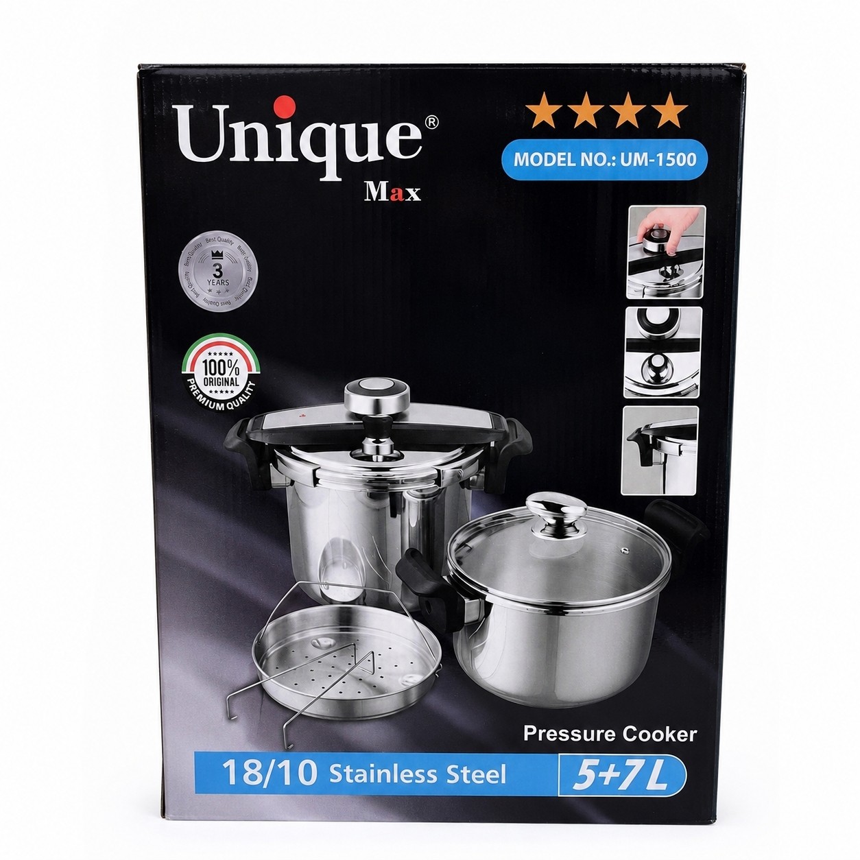 زودپز دوقلو یونیک مدل UM-1500 سرویس 5+7 لیتری استیل 18/10