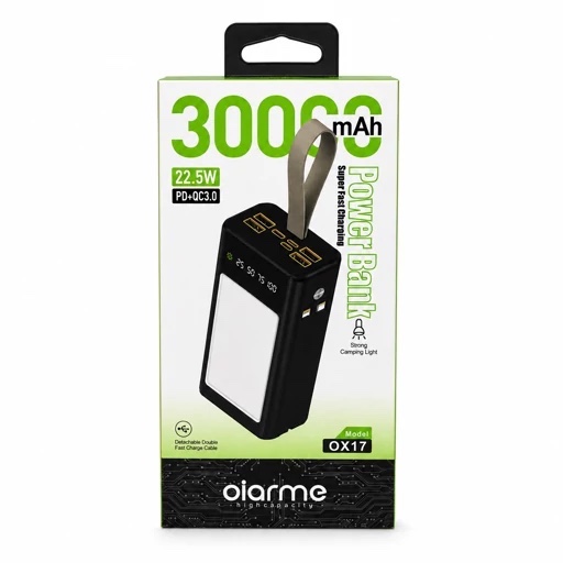 پاوربانک 30000 میلی آمپری Oiarme OX17 شارژ سریع 22.5 وات + چراغ کمپینگ LED