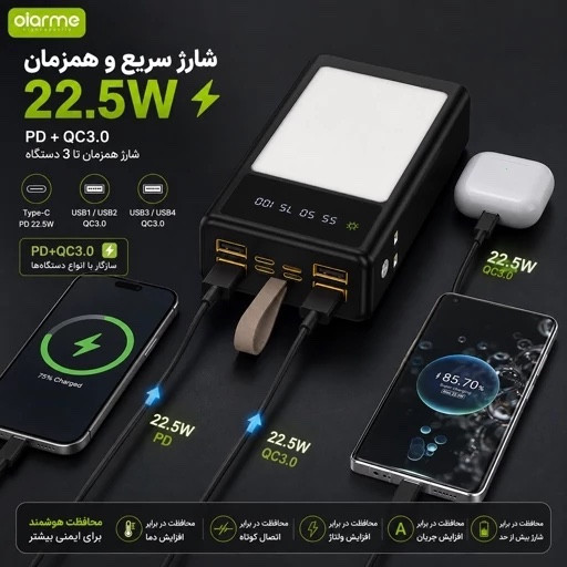 پاوربانک 30000 میلی آمپری Oiarme OX17 شارژ سریع 22.5 وات + چراغ کمپینگ LED