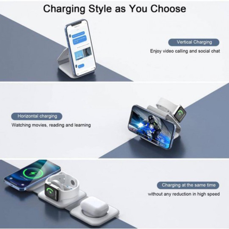 شارژر مگنتی وایرلس سه کاره 3 in 1 Foldable Wireless Charger Magnetic 3 in 1 Charging Station for Apple