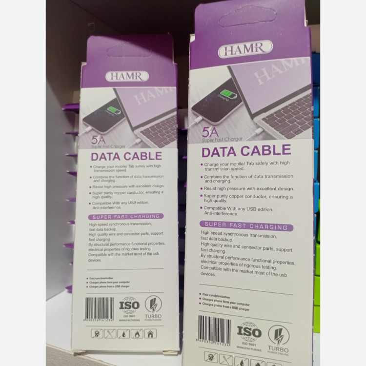 کابل شارژر 2 سر تایپ سی برند HAMR سوپر فست شارژ 100 وات.هم شارژ و هم دیتا، ضخیم و بدون خرابی ، با کیفیت بالا
