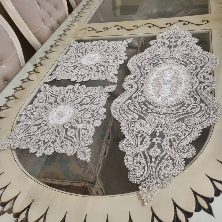 سرویس رومیزی 5 تکه دانتل مخمل طرح ترک مدل آنتیک