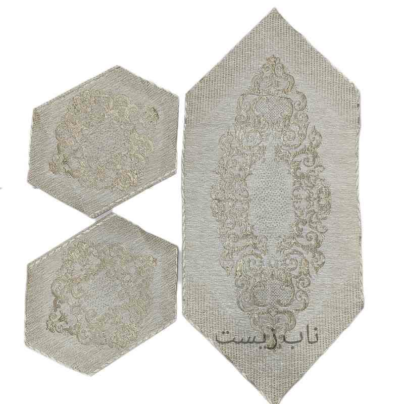 رومیزی 3 تکه قلمکاری جلومبلی عسلی مخمل مدل صحرا