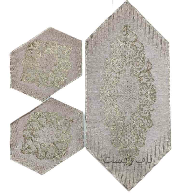 رومیزی 3 تکه قلمکاری جلومبلی عسلی مخمل مدل صحرا