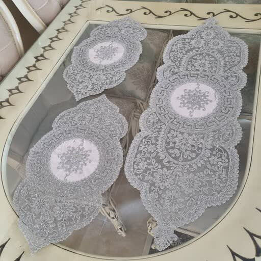 رومیزی 3 تکه جلومبلی و عسلی دانتل طرح ترک مدل ورساچه