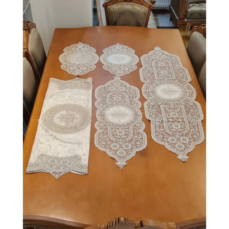 سرویس رومیزی 5 تکه دانتل مخمل طرح ترک مدل ورساچه