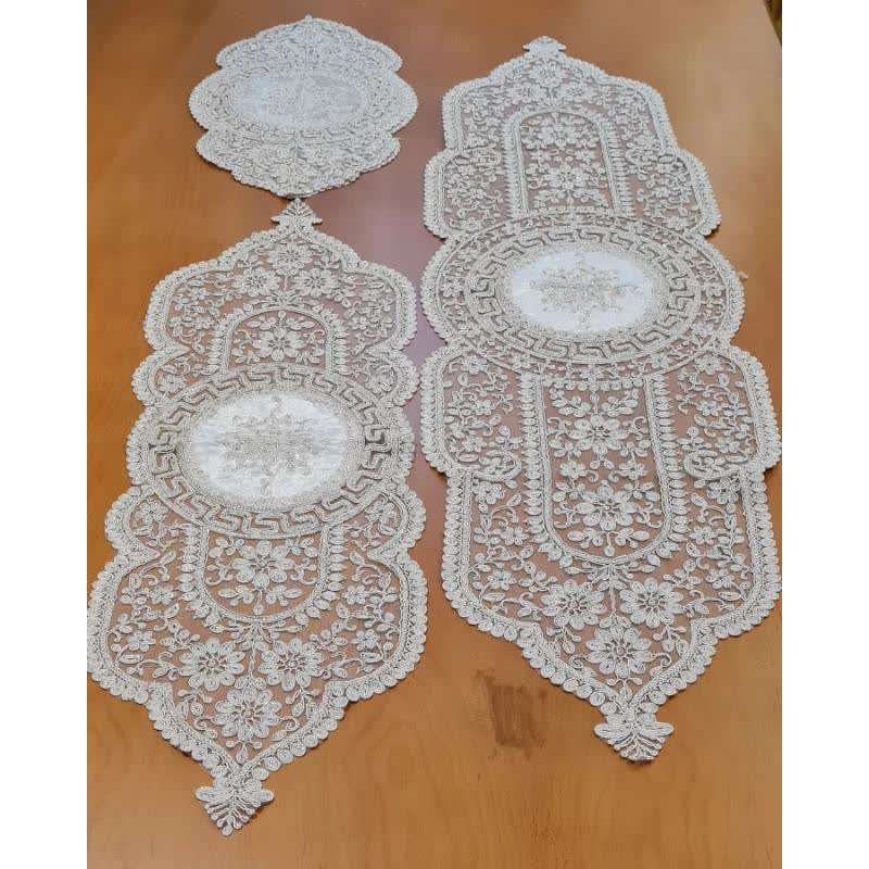 سرویس رومیزی 5 تکه دانتل مخمل طرح ترک مدل ورساچه